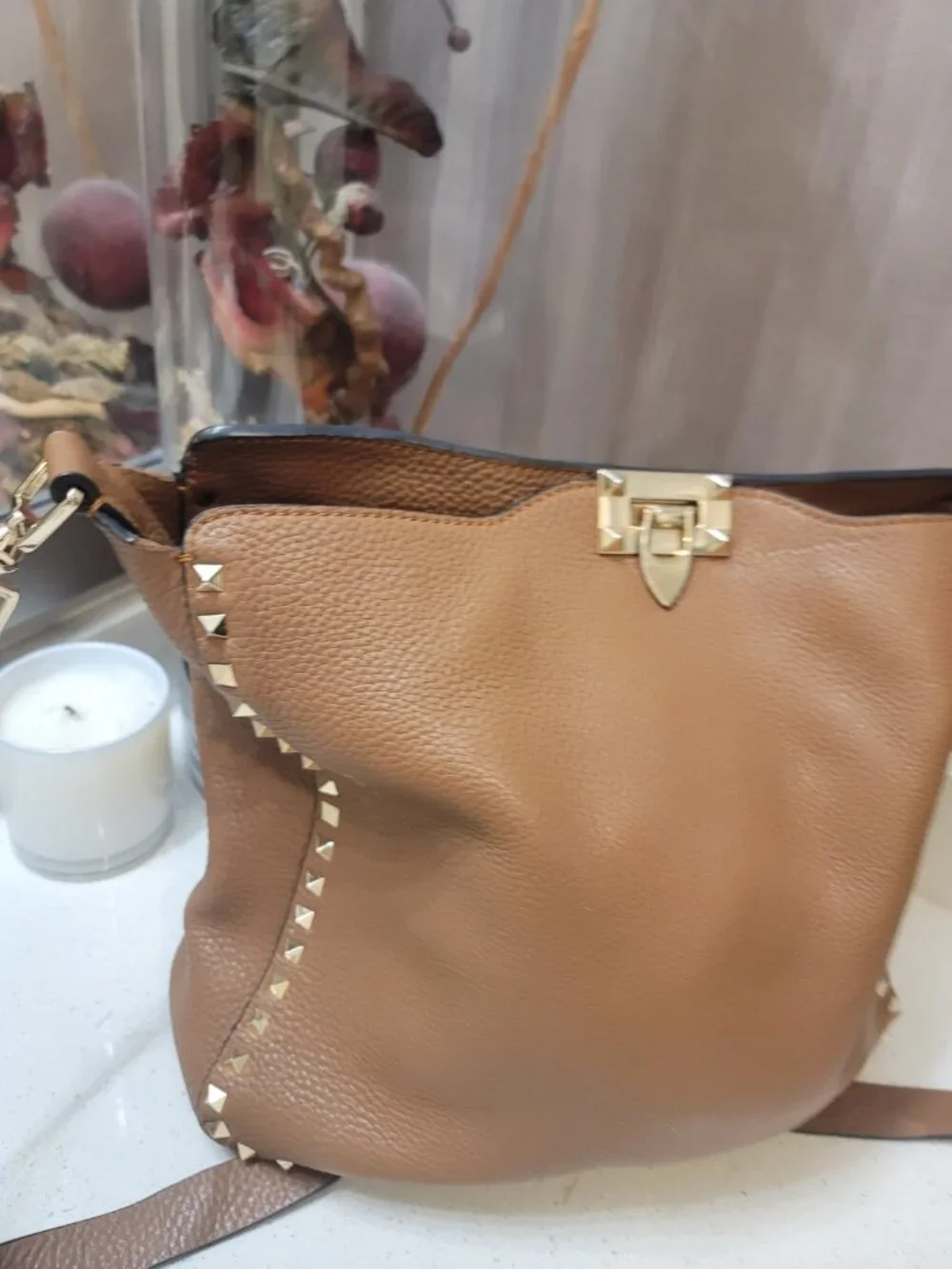 Valentino Garavani Rockstud Hobo Messenger Bag Brown Grain Leather - Picture 3 of 11